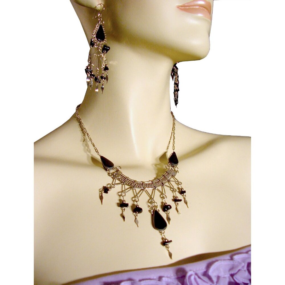 New Vintage Jewelry SET Necklace/Earrings/Bracelet Silver Black Stone Whimsigoth - Picture 6 of 8